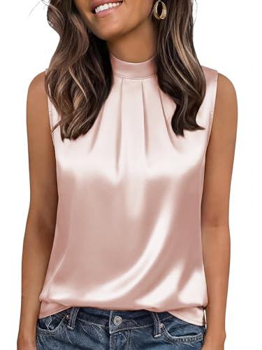 Image of Funlingo Women's Silk Satin Tank Tops Mock Neck Camisole Dressy Sleeveless Blouse Business Casual Pleated Summer Shirts 2026