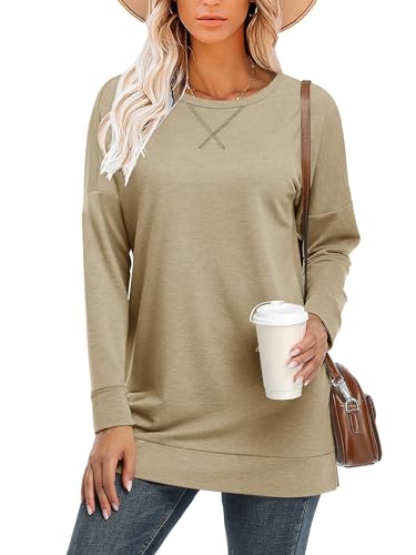BETTE BOUTIK Women's Drop Long Sleeve Sweatshirts Casual Crewneck Tunic Tops Sweartshirts With Side Slits S-3XL