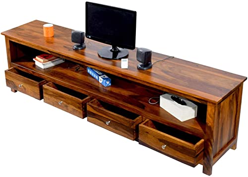 Image of Sheesham Solid Wood TV Cabinet for Living Room | Handcrafted Wooden TV Unit with Storage | Elegant Entertainment Stand for Modern Homes (4 Drawer Tv Cabinet, Teak)