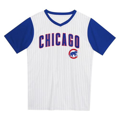 MLB Kids Youth 4-18 Officially Licensed Pinstripe Team Color Team Logo Baseball Fashion Top V-Neck Jersey - Chicago Cubs Blue - Medium 8