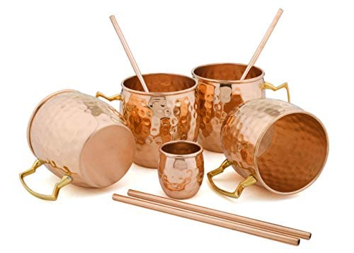 Artisans Village Moscow Mule Mugs | Set Of 4 | 100% Pure Copper Solid Mugs | Gold Brass Handles | Size 16 Oz | Bonus: Premium Straws And Shot Glass #TOP3