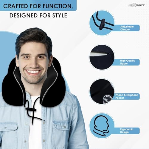 Image of Neodrift TravelNeck Pro - Memory Foam Travel Neck Pillow with Head Support for Airplane, Car, Train, Bus, and Home Usage with Velvet Cushion (Black)