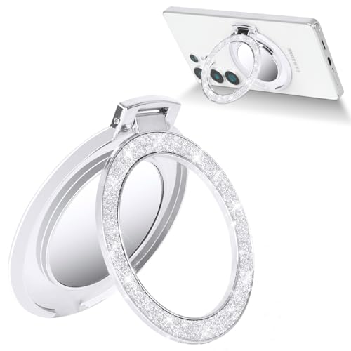 Finger Ring Stand Grip,Luxury Glitter Diamond Universal Metal Ring Kickstand with Mirror for iPhone 17/16/15/14/13 Pro Max, Galaxy S25/S24/S23/S22 Ultra,Ring Grip Holder for All Smartphone(Silver)