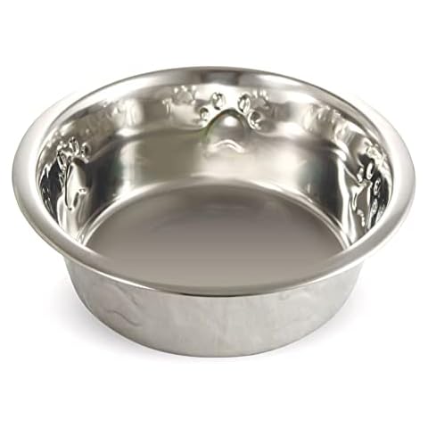 GOLDY Dog Food Bowl Heavy Duty Stainless Steel Wet And Dry Foods Dish Embossed Paw Print Plate Medium Large Dogs Feeder For Cats Puppies Pet Supplies Feeding Essentials 950ml (1Pc Only) Cover