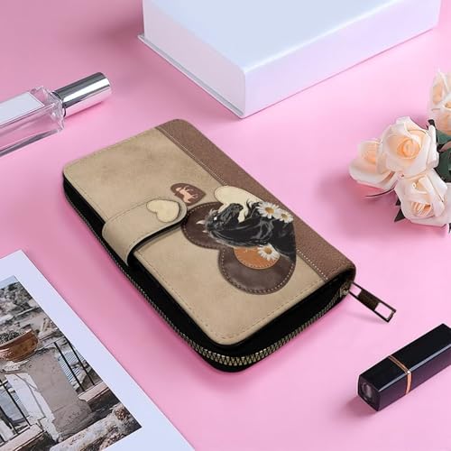 Image of COEQINE Ladies Wallets Pink Leopard Heart Black Printed Leather Phone Long Clutch Purses Check Coin Change Holder