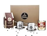 VietBeans Geschenkset 'Frühstück zu zweit' Kaffeegeschenk - 250g gemahlener Traditional + 2 x Edelstahlfilter (Phin) + gez. Kondensmilch - Kaffee Geschenk - Geschenk für Kaffeeliebhaber
