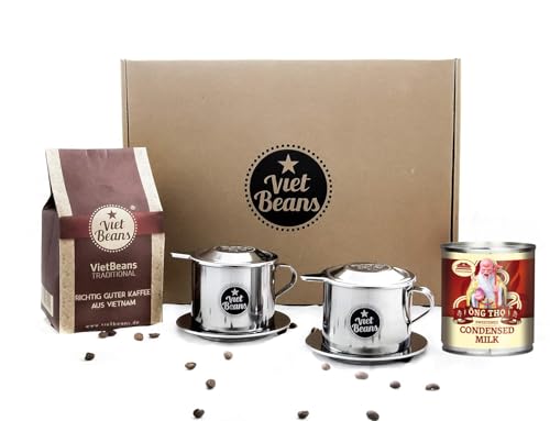 VietBeans Geschenkset "Frühstück zu zweit" Kaffeegeschenk - 250g gemahlener Traditional + 2 x Edelstahlfilter (Phin) + gez. Kondensmilch - Kaffee Geschenk - Geschenk für Kaffeeliebhaber