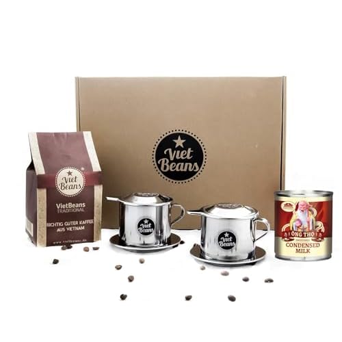 VietBeans Geschenkset "Frühstück zu zweit" Kaffeegeschenk - 250g gemahlener Traditional + 2 x Edelstahlfilter (Phin) + gez. Kondensmilch - Kaffee Geschenk - Geschenk für Kaffeeliebhaber