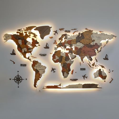 Decoración de pared 3D, mapa del mundo LED extragrande de madera y acrílico, decoración moderna para el hogar para sala de estar, mural de iluminación LED único, gran idea de regalo
