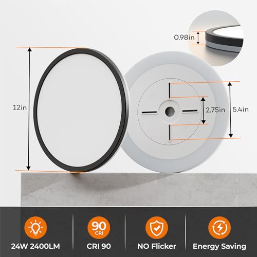 Matane 12 Inch LED Flush Mount Ceiling Light Fixture with Night Light, 24W 2400LM 3000K/4000K/5000K Selectable, Dimmable Ceiling Lights for Bedroom, Dining Room, Kitchen, Round Black by Matane - Image 5