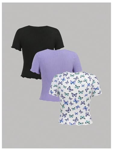 SweatyRocks Girl's 3 Pack T Shirts Butterfly Graphic Short Sleeve Crew Neck Ribbed Knit Summer Tops2