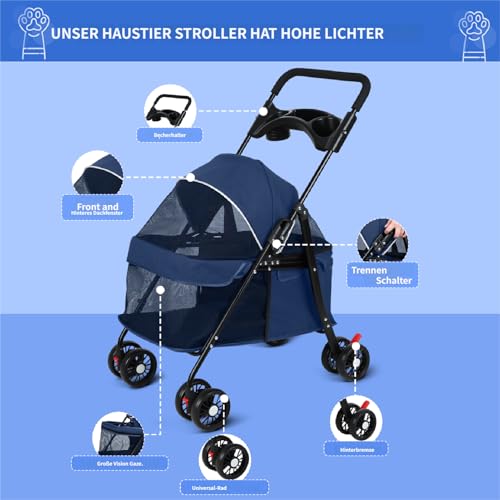2in1 Hundewagen, Hundebuggy mit 1 Getränkehaltern, Hundebox Transporttasche Faltbar klappbar mit Feststellbremse, Bollerwagen für Hunde, 48 cm * 68 cm * 95cm (Blau)