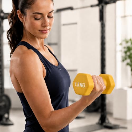 Image of KAKSS Neoprene Dumbbells Set, 3kg (2 x 1.5kg), Gold Hex Dumbbells with Easy-Grip Coated Finish, Cast Iron Hand Weights for Home Gym Equipment and Fitness Training for Women and Men