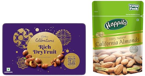 Image of Happilo 100% Natural Premium California Dried Almonds 500g Pack Pouch & Cadbury Celebrations Rich Dry Fruit Collection Chocolate Gift Box, 177 g
