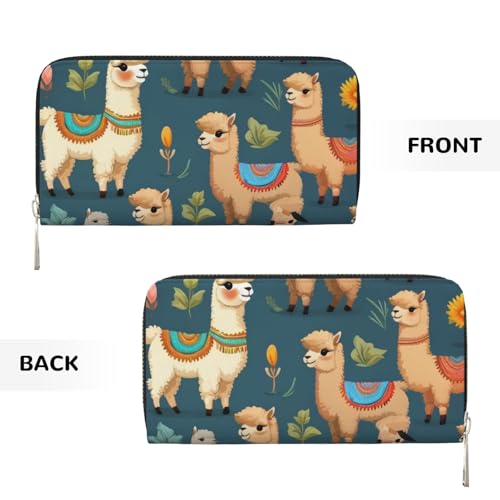 Indian Alpaca print Leather Wallet for Women Men,Women's Leather Clutch Wallet with Zip,Large Capacity3