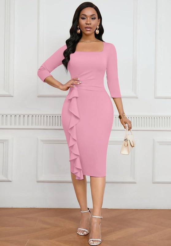Womens Work Dresses Elegant Square Neck 3/4 Sleeve High Waist Bodycon Ruffle Vintage Church Pencil Midi Dress - Image 4