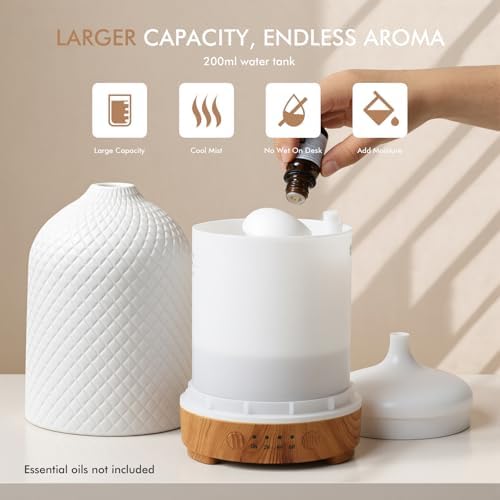 Dialan's Ceramic Aroma Oil Diffuser Ultrasonic Essential Oils Diffusers 100ml Aromatherapy Mist Diffuser Air Humidifier Fresher Time Setting 7 LED Colors Changing Lights for Home Office SPA Yoga