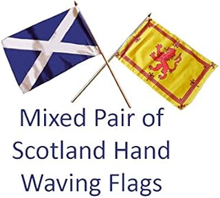 BZB SCOTLAND HAND FLAGS - MIXED PAIR of St. ANDREW'S CROSS SCOTTISH LION RAMPANT FLAGS HAND WAVING SCOTTISH FLAGS - each approx: 18" X 12" / 45 x 30cm - on a 2ft Pole