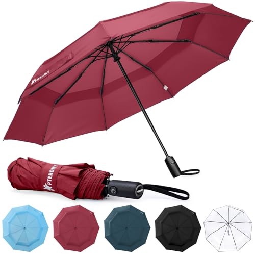 PTEROMY Windproof Travel Umbrellas for Rain and Sun, Withstands 85MPH Winds Auto Open Close Folding Umbrella with Ergonomic Handle, Quick Dry Canopy for Commuting or Backpack (Red, 1PK)