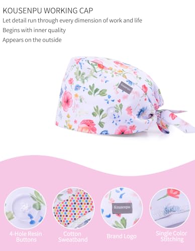 Image of Kousenpu Scrub Caps for Women, Adjustable Women's Surgical Cap with Buttons, Breathable Cute Design for Nurses and Doctors