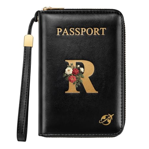 Passport Holder Cover Wallet with Zipper Personalized Initial Letter R Rose Flower RFID Blocking Travel Wallets Credit Cards Holder for Women, Gift for Wife and Girlfriend,R