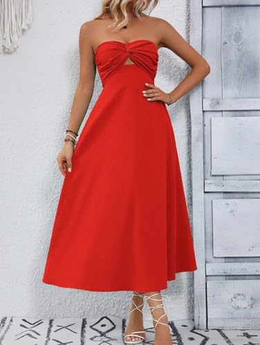 Image of SKAYS Womens Strapless Twist Knot Midi Dress Cutout A-line Tube Summer Cocktail Party Dress with Back Smock