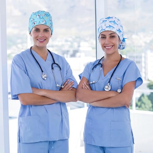 Image of 6 Pcs Scrub Caps for Women Doctor Nursing Hats with Buttons Adjustable Tie Back Working Cap Bouffant Scrub Hats for Women Men