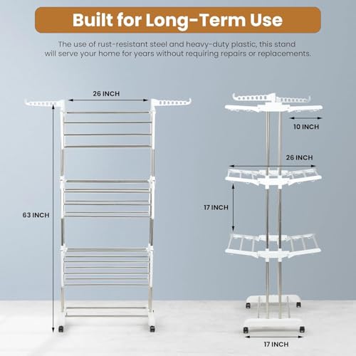 Image of H Houseware Foldable Stainless Steel Cloth Drying Stand 3 Tier Heavy-Duty Clothes Dryer with Wheels & Hanger Slots | Rust-Proof Laundry Rack for Balcony, Indoor & Outdoor Use(White)