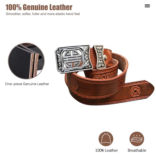 Mens Western Cowboy Cowgirl Genuine Leather Belt, Floral Embossed Leather Belt Square Buckle Casual Belt For Daily Decoration3