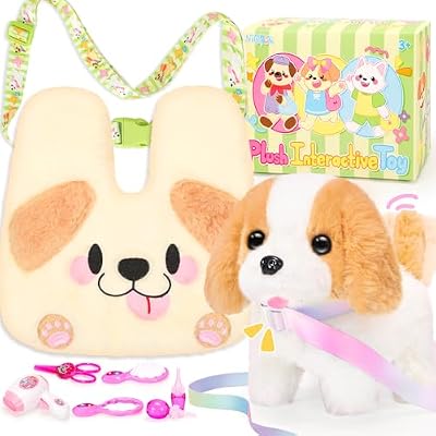 NINAOR Plush Bunny Toys and Dog Toys with Crossbody Bags, Puppy Rabbit Stuffed Animals with Pets Pretend Play Cute Stuff Interactive Electronic Plushies for Toddler Kids Toys
