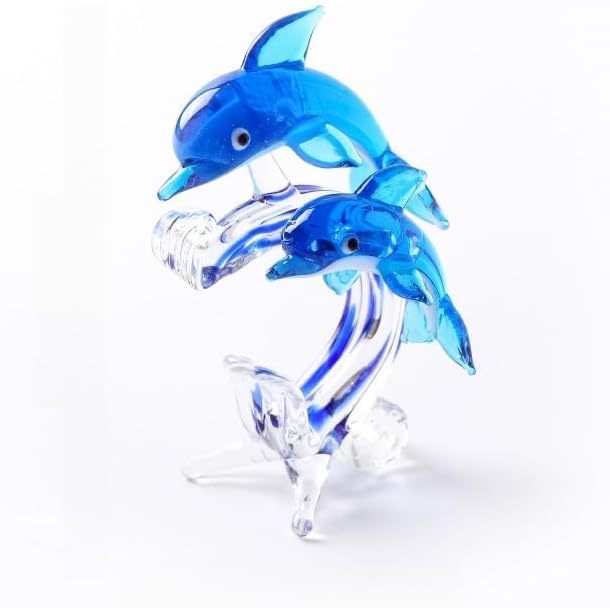 Miniatura 2 de Crystal Glass Whales Figurines Collectibles Hand Blown Art Glass Dolphins Sculpture Sea Animal Paperweight for Gifts Table Decor (Blue)