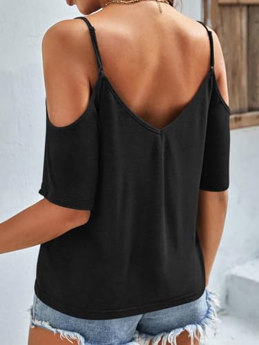 Womens Summer Cold Shoulder Tops Low Back Short Sleeve V Neck T Shirts Sexy Casual4