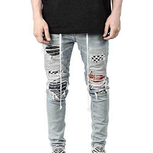 Maiyifu-GJ Men's Straight Slim Patches Jeans Distressed Stretchy Skinny Denim Pants Casual Hip Hop Ripped Tapered Leg Jean2