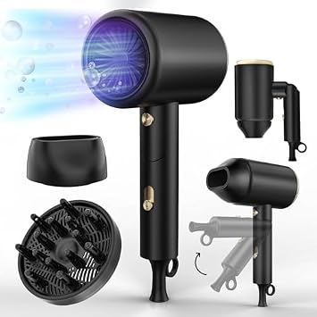 Hair Dryer, 150000RPM Ionic Blow Dryer - Fast Drying, Low Noise, Foldable Portable with Diffuser and Nozzle, Compact Mini for Women and Men, Home and Travel - Black 002