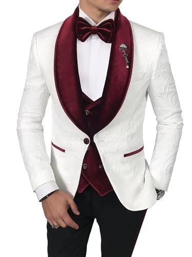 Men's Floral Jacquard Suit 3 Piece Slim Fit Suits Tuxedo Shawl Lapel One Button Suit for Men Wedding Party Prom Dinner