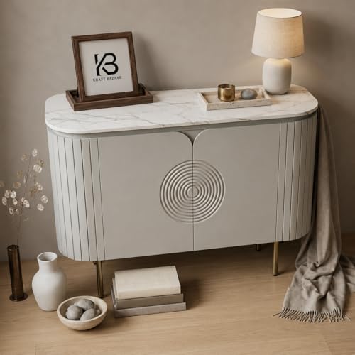 Image of Solid Wood Mandala Sideboard Cabinet with Sintered Stone Top for Living Room | Premium Acrylic Silver Grey Finish | 119.8cm W x 39.8cm D x 85cm H