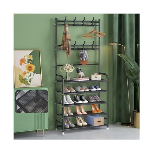 Shoe Rack 5-Tier Entryway Coat and Shoe Rack, Modern Coat Rack, Lightweight Metal Shoe Rack Organizer with Double Row Hooks for Bedroom Hallway Office Shoe Organizer Rack(Black,5-Layers 80cm)