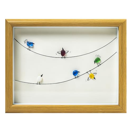Litepedia Bird Gifts Seaglass Art Decor with Wood Frame - 6 Colorful Sea Glass Birds,Art Photo Frame for Desk or Wall,Bird Gifts for Birds Lover Women Girls,Graduation Gift