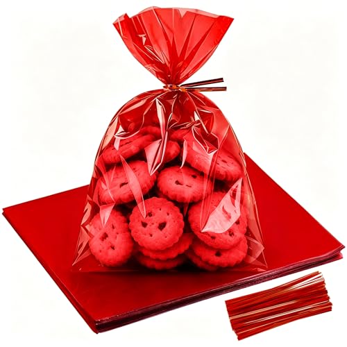 QOIUSO 50PCS Red Cellophane Treat Bags 811 Inch Large Solid Color Candy Bags with 60 Twist Ties for Party Favors Cookies Holiday Gifts & Goodies Clear Plastic Gift Bags for Treats & Crafts