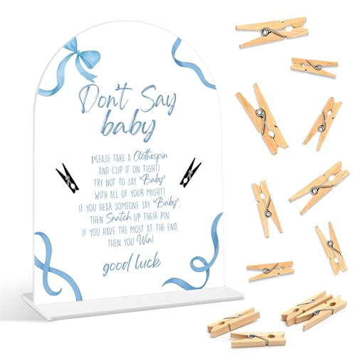 Baby Shower Games - Blue Bow Don't Say Baby Clothespin Game, 1 Sign and 50 Mini Clothespins, Gender Reveal Game, Blue Baby Shower Decoration Supplies (ARI02)