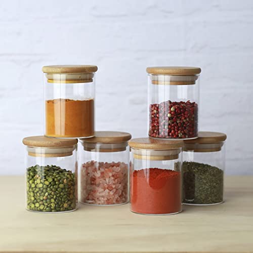 Kit 6 Potes de Vidro 200ML Herméticos Tampa de Bambu com Adesivos e Canetinha