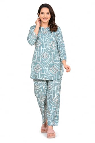 Image of Amazon Brand - Tavasya Women Cotton- Rayon Printed Kurti with Pant Co-Ord Set | Soft Comfortable Straight Fit Ethnic Kurta Set | 3 /4 Sleeves V-Neck Daily, Office & Casual Wear