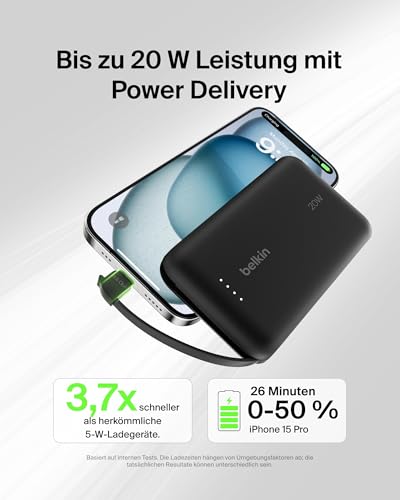 Belkin BoostCharge Power Bank, Portable Powerbank 10000mAh mit integriertem Kabel, PD 20 W – USB-C Power Delivery zum Schnellladen von Geräten wie der iPhone 16-Serie, iPad Pro und Galaxy S24 – Bild 3