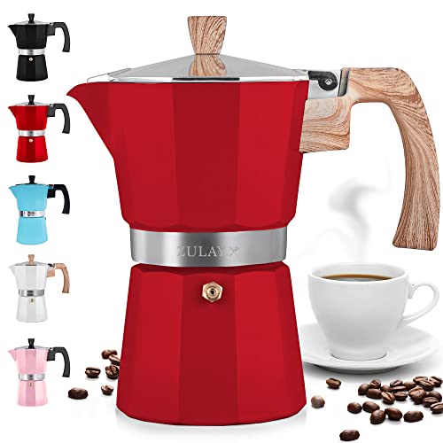 Zulay Kitchen Stovetop Espresso Maker - Moka Pot 3 Espresso Cups - Percolator Coffee Maker for Classic Cuban & Italian Style Espresso - Portable Coffee Maker for Camping & Travel - (Red)