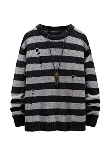 SHENHE Men's Striped Pattern Knit Pullover Ripped Drop Shoulder Sweater