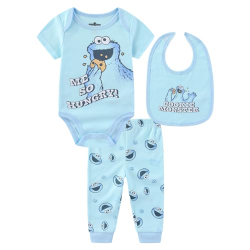 Sesame Street Cookie Monster Baby Boys Bodysuit Bib and Pants 3 Piece Set
