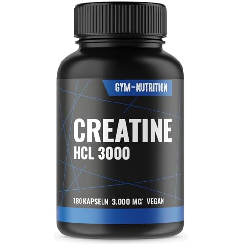 Creatin HCL Kapseln Hochdosiert 180 vegane Kreatin Kapseln | Creatine Capsules 3000 mg Kreatin HCL pro Tagesportion produziert in Deutschland