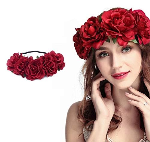 DNHCLL Rose Flower Crown, Floral Headpiece for Women and Girls - Red Artificial Rose Hair Wreath with Headband