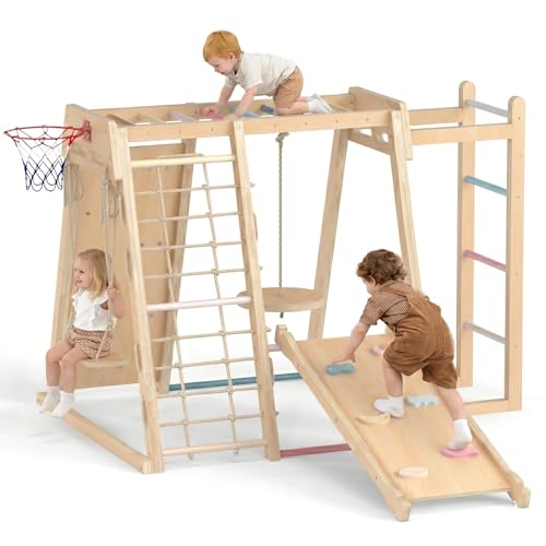 OLAKIDS Indoor Jungle Gym, 9 in 1 Wooden Montessori Baby Climbing Toys with Adjustable 2 Swings Ramp, Monkey Bar Basketball Hoop Ladder Climb Net (Natural)