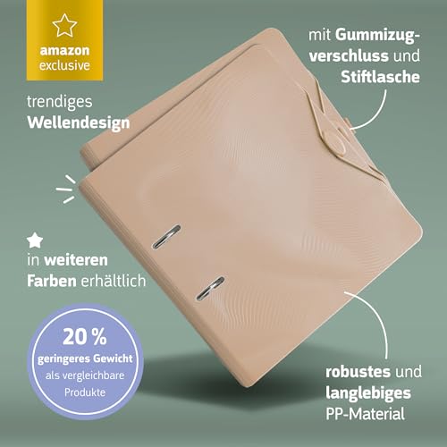 BRUNNEN A4 Ordner Wave PP, gerader Rücken, 2er-Set, 70 mm, mit Gummizug, Stifthalter, Einstecktasche, Blattniederhalter, Radoösen, Wellendesign, leicht, Trendfarben Dune (Beige)